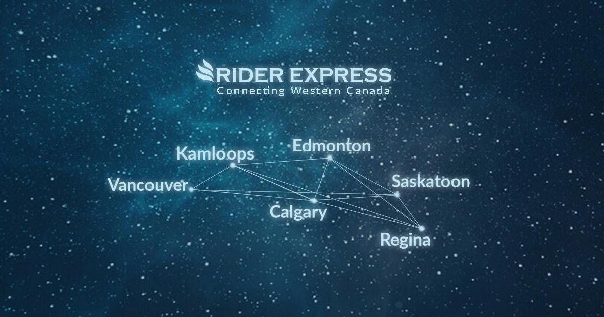 Rider Express bus service connecting western Canada cities. Vancouver, Kamloops, Calgary, Edmonton, Regina, Saskatoon