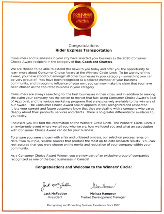 Rider Express Transportation 2020 Consumer Choice Award