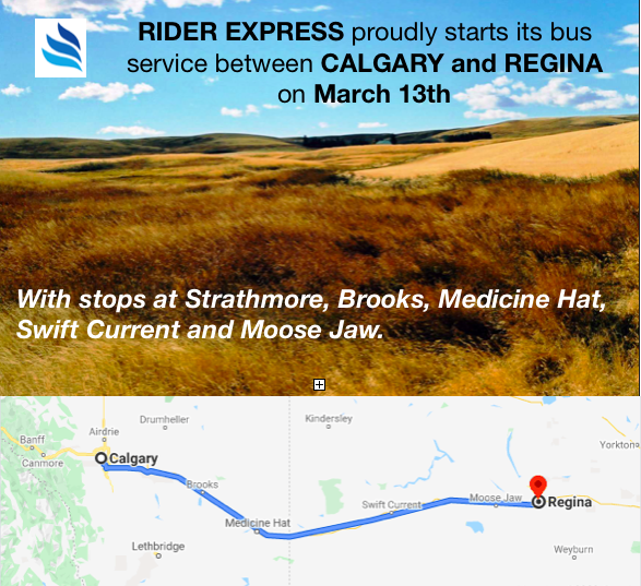 Rider Express started bus route between Calgary and Regina