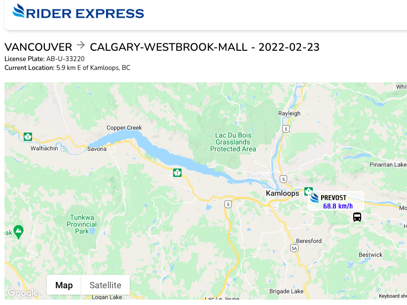 Rider Express shows the live location of the intercity bus on map