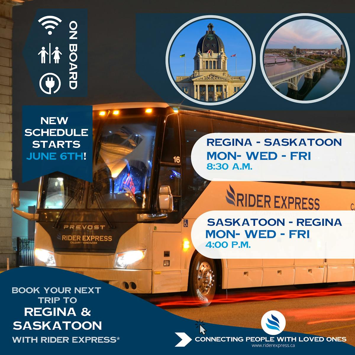 Book your nest bus trip between Saskatoon and Regina with Rider Express